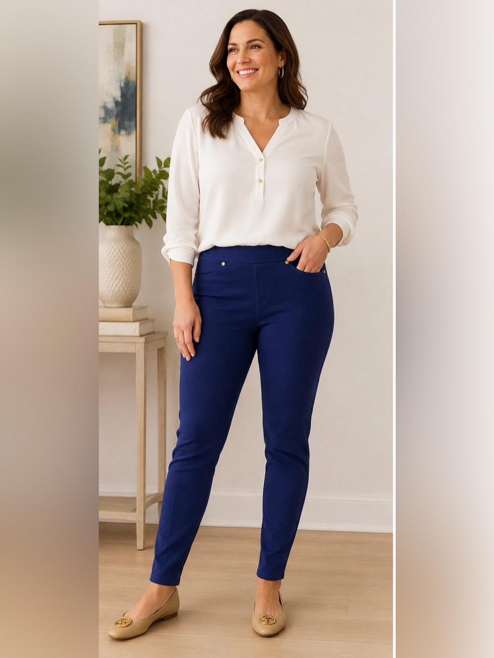 Michael Michael Kors Blue Pull-On Skinny Pants Size Large Gold Hardware